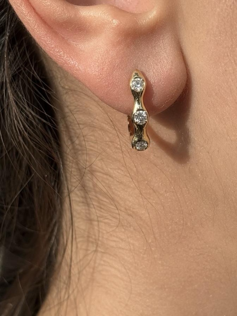14K Solid Gold Yellow Bamboo Natural Diamond Earrings, Curved studs .60"